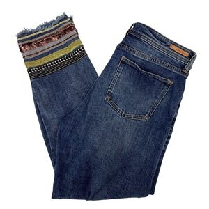 Pilcro Anthropologie Slim Straight Jeans Sz 29 Embellished Hem Beaded Boho